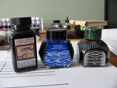 From the left: Noodler's Black, Waterman Florida Blue, Diamine Monaco Red